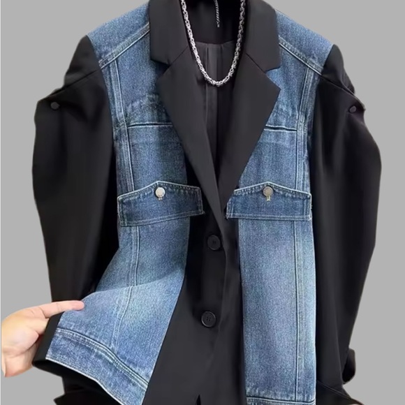 NEW WOMENS DENIM PATCHWORK BLAZER - Picture 2 of 5
